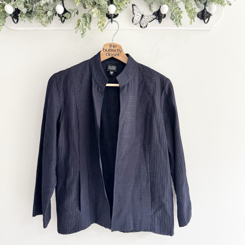 Eileen Fisher Silk Blend Navy Textured Crinkle Cardigan Jacket XS CC543